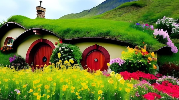 A house with a green roof and flowers in the foreground