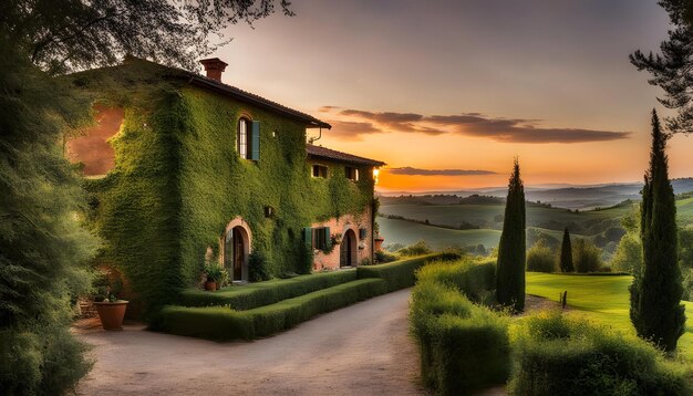 Photo a house with a green roof is surrounded by grass