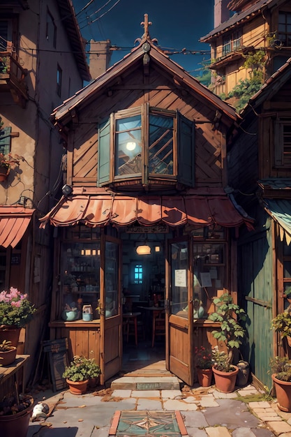 a house with a green roof and a sign that says " the name of the house "