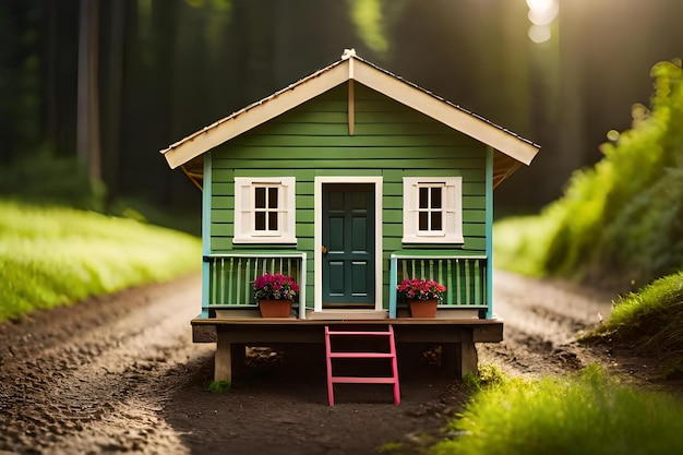 Foto una casa con un tetto verde si trova su una strada di terra.