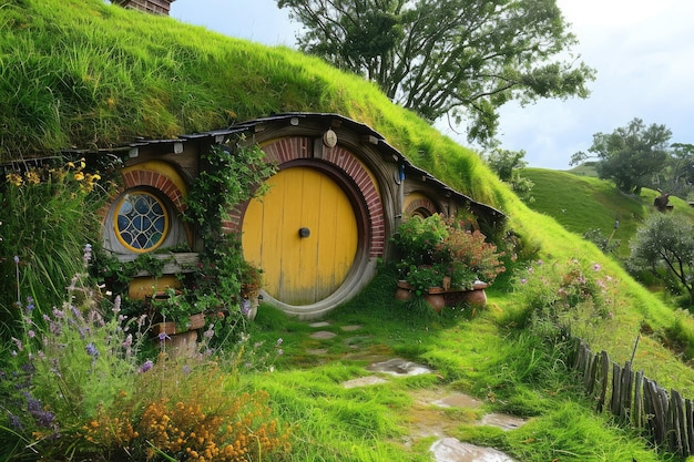 Photo house with green roof and yellow door a vibrant and distinctive home a hobbit style house built into the side of a grassy knoll ai generated