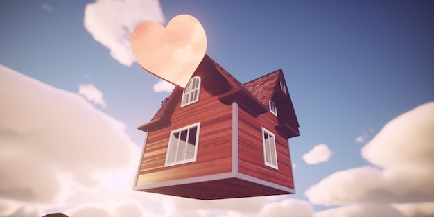 A house with a heart shaped cloud above it