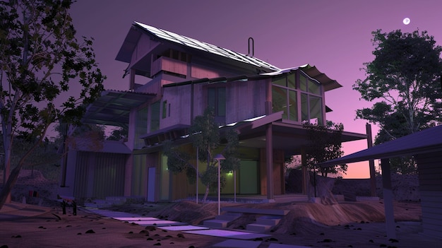 a house with a house on the side and a purple sky in the background