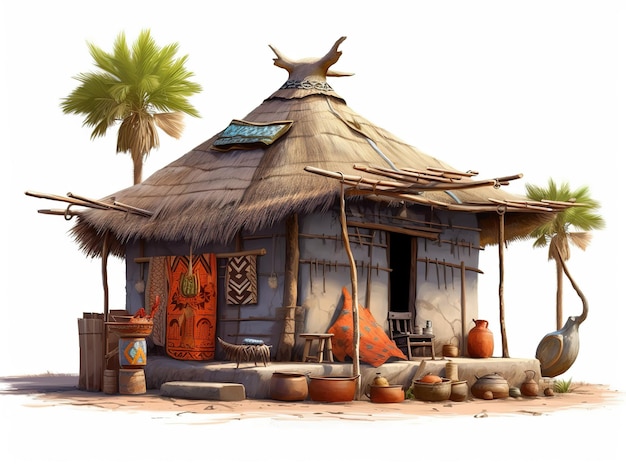 Дом с хижиной с пальмой в углу.
