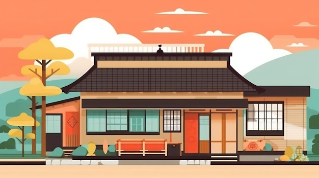 Photo a house with a japanese style roof and a red bench.