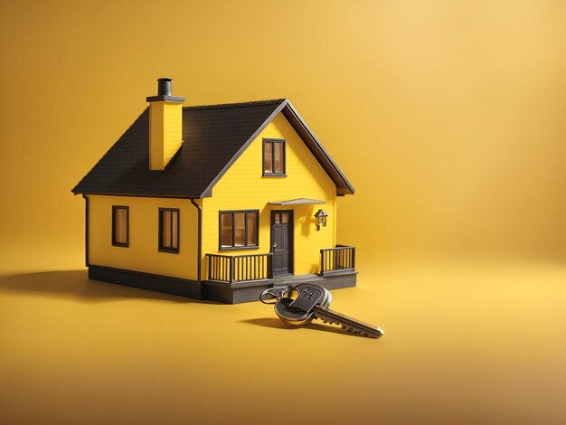 a house with key isolated on a yellow background