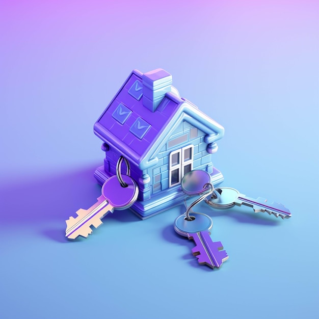 House with keys Real estate concept 3d illustration Purple background