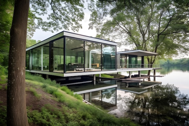 A house with a lake in the background