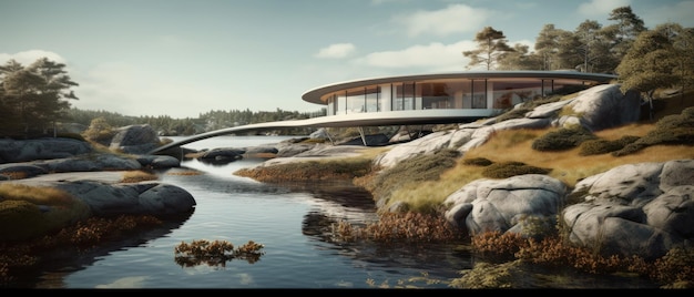 A house with a lake and a boat in the water.