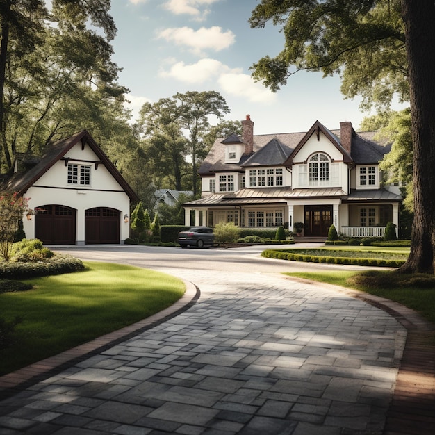 A house with a large driveway and a house in the background