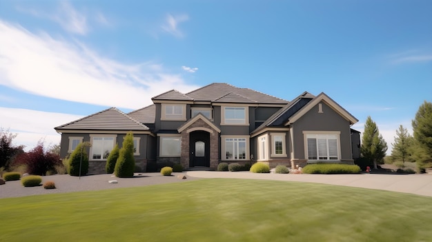 A house with a large front yard and a blue sky