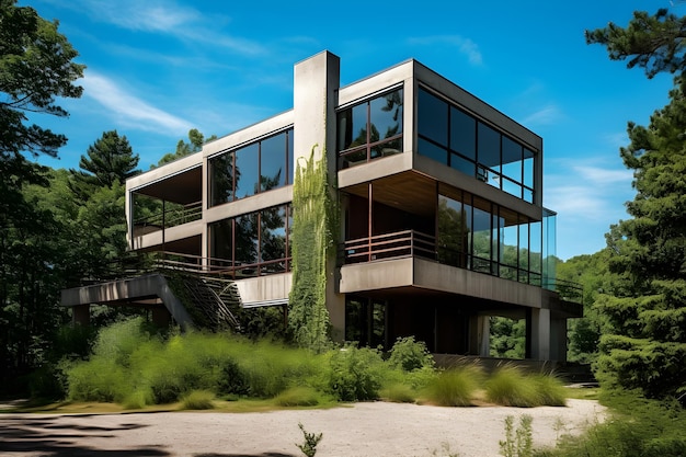 A house with a large glass front and a large window