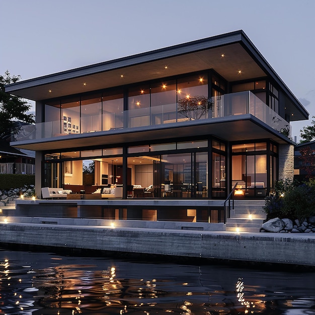 a house with a large glass front that says quot floating home quot