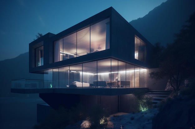 A house with a large glass wall and a balcony with a view of the mountains.