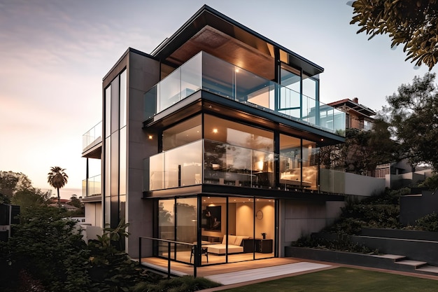 A house with a large glass wall and a balcony