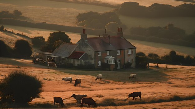 A house with a large house in the background