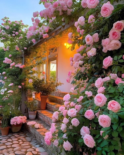 A house with a large rose bush on the side of it