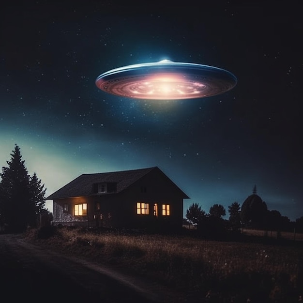 A house with a large ufo flying over it