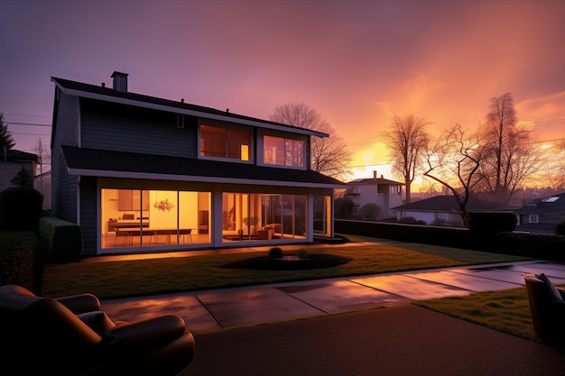 A house with a large window that says'home'on the top right