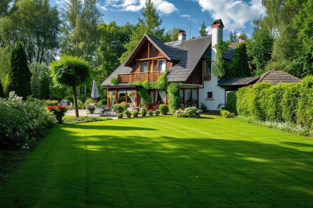Дом с газоном и садом