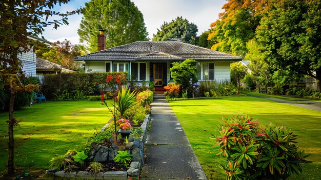 A house with a lawn and trees in the front yard