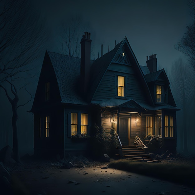 A house with a light on in the dark