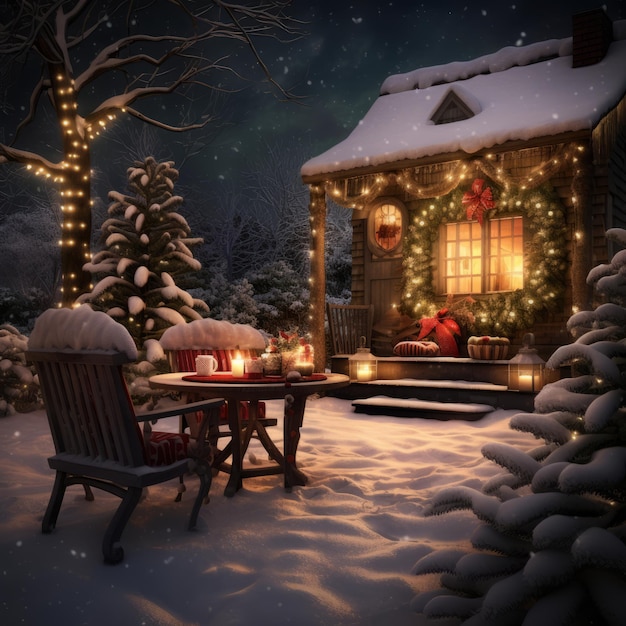 a house with lights and chairs in the snow