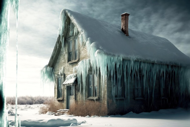 Photo house with long icicle on house covering frozen windows