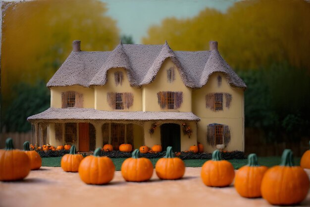 A House With A Lot Of Pumpkins In Front Of It