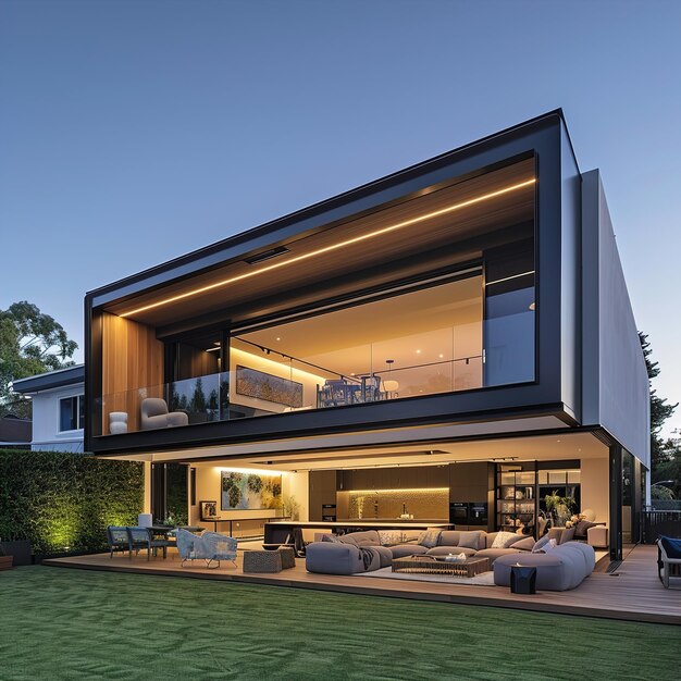 Photo a house with a lot of windows and a couch in the yard