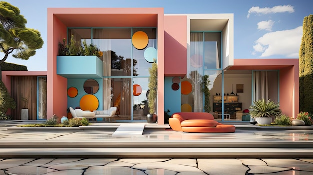 Дом с большим количеством окон и террасой с оранжевым и синим декором.