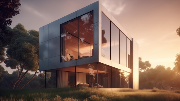 A house with a lot of windows and a sky background