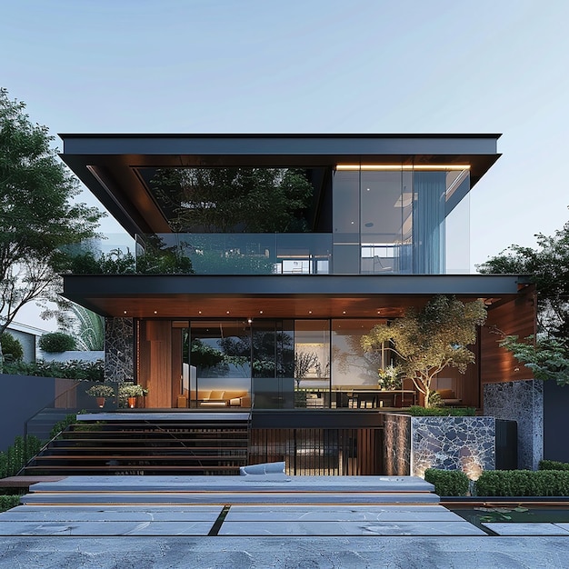 a house with a lot of windows and a tree in the background