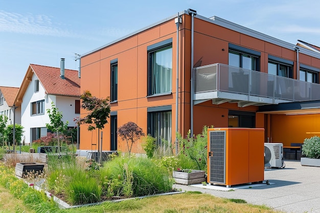 a house with orange walls and a red roof with a balcony