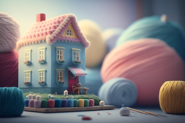 A house with a pink roof sits on a table next to a yarn ball.