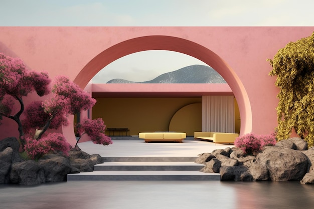 A house with a pink wall and a yellow couch