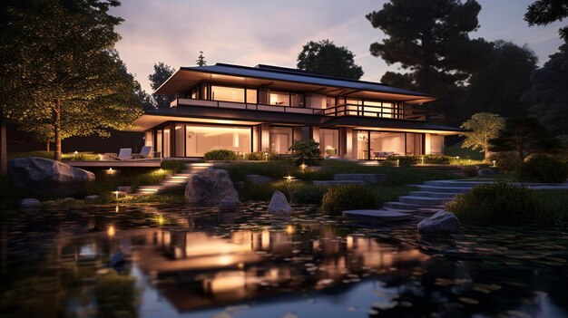 A house with a pond and a bridge in the background