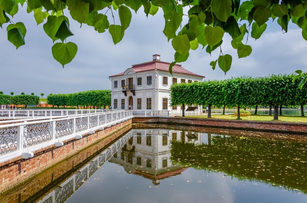 A house with a pond in the foreground and a white fence with trees in the background.