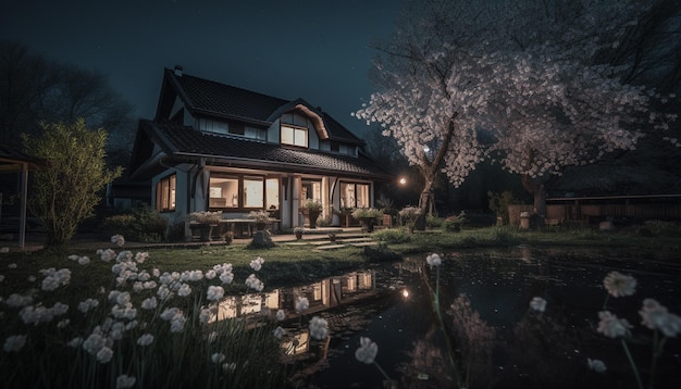 A house with a pond in front of it at night