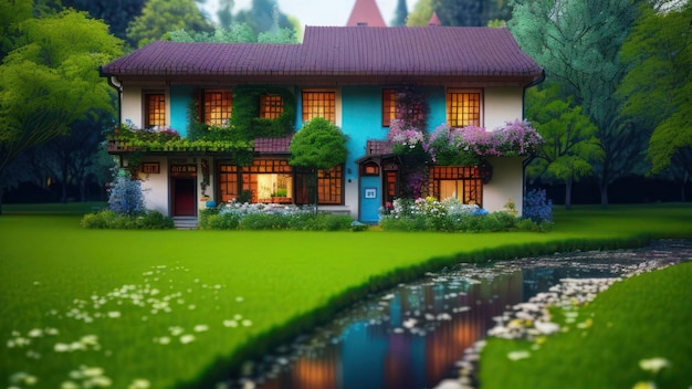 A house with a pond in front of it