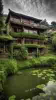 Photo a house with a pond and a green roof and a green roof.