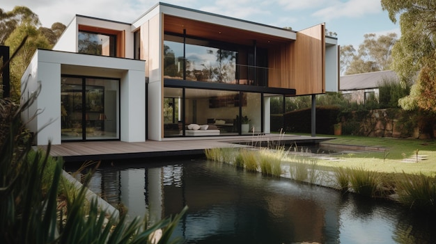 A house with a pond and a large window