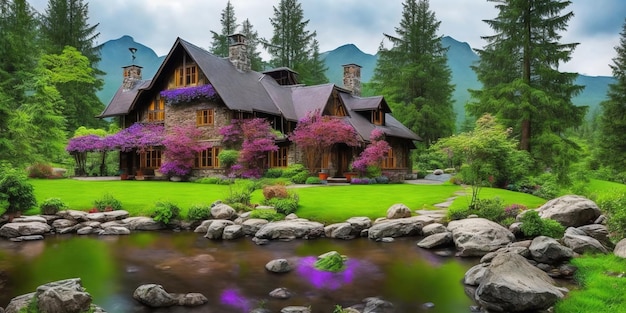 A house with a pond and mountains in the background