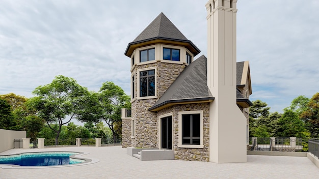 A house with a pool in the background