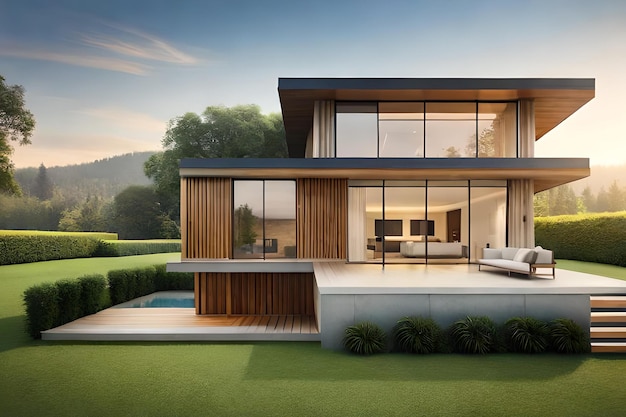 A house with a pool in the background