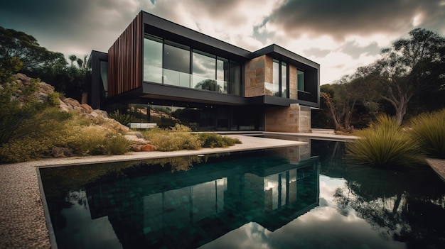 A house with a pool in the foreground and a cloudy sky in the background.