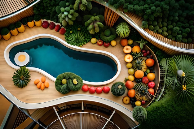 Photo a house with a pool of fruit on the roof