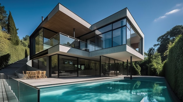 A house with a pool and a house in the background