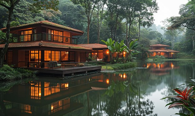 a house with a pool and a house on the water