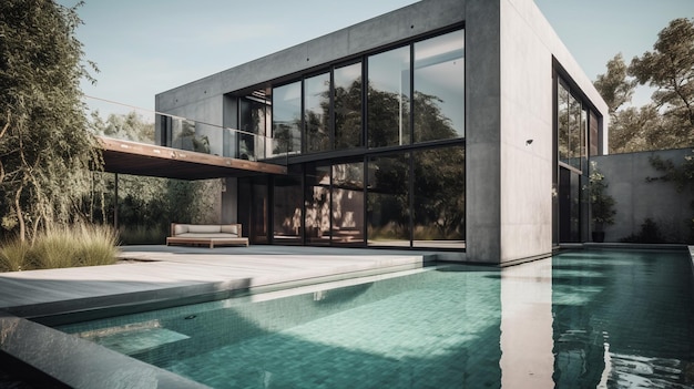 A house with a pool and a large glass wall